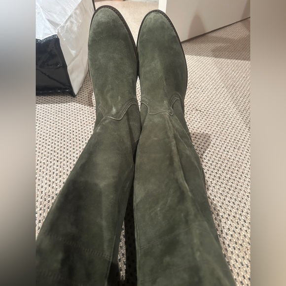 Olive Green Suede Knee-High Boots - Picture 2 of 8